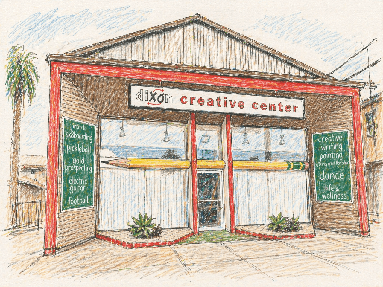 Hand-drawn illustration of the Dixon Creative Center building